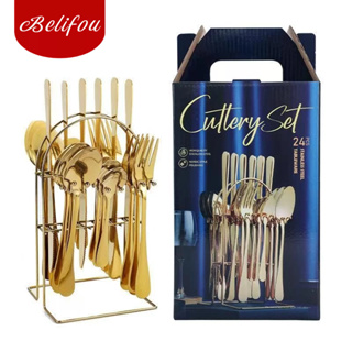 Belifou Kit 24 Conjunto De Talheres De 24 Peças Conjunto De Faca E Garfo Dourado Com Suporte em Oferta na Shopee