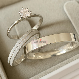 Par de Alianças de Namoro Prata com Anel solitário e Caixinha de Veludo 4MM Fina Anatômica anel em Oferta na Shopee