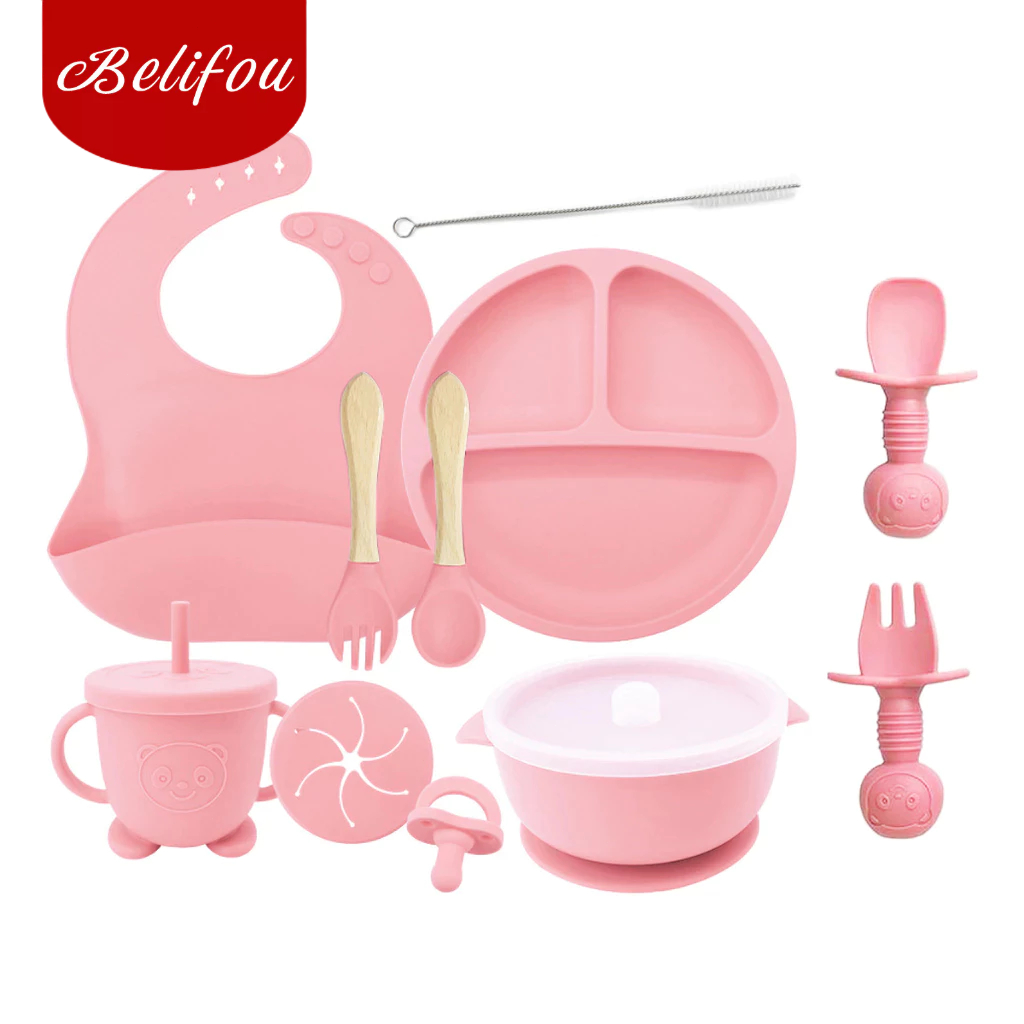 Belifou Talheres bebê silicone Kit 11 kit Talheres Infantil Com Ventosa Canudo Colher Babador Garfo - Mom & Baby