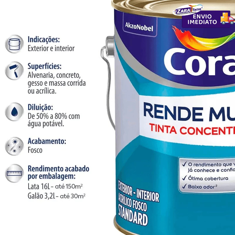 Tinta Acrílica Lavável Coral Rende Muito Standard 3,6L Branco Neve + 20 Cores Uso Interno e Externo