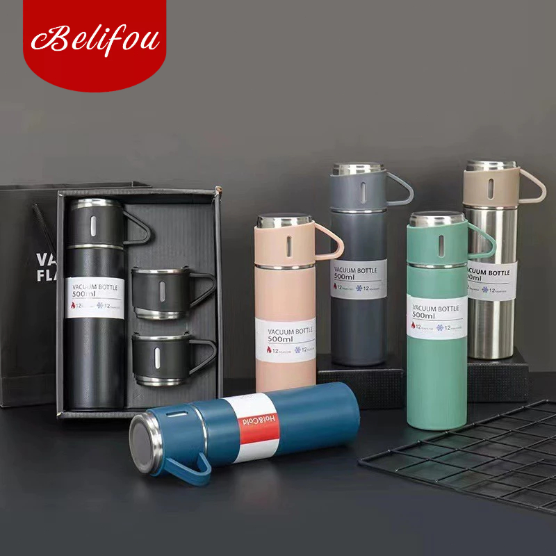 Belifou Kit Garrafa Térmica Vacuum Bottle Inox 500ml + 3 Xícaras Bebidas Fria ou Quente