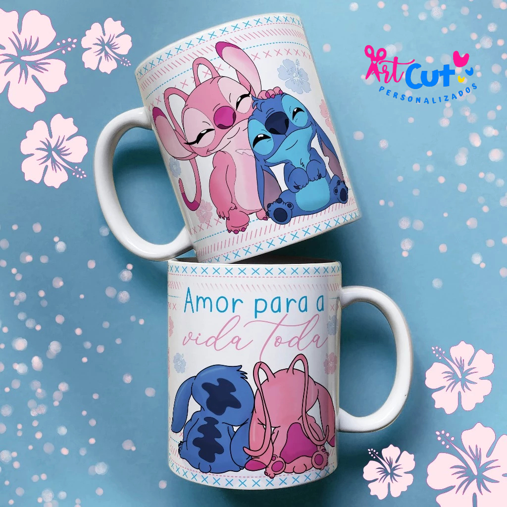 Caneca Romântica Stitch e Angel 325ml – Amor Para a Vida Toda | Porcelana Presente Casal