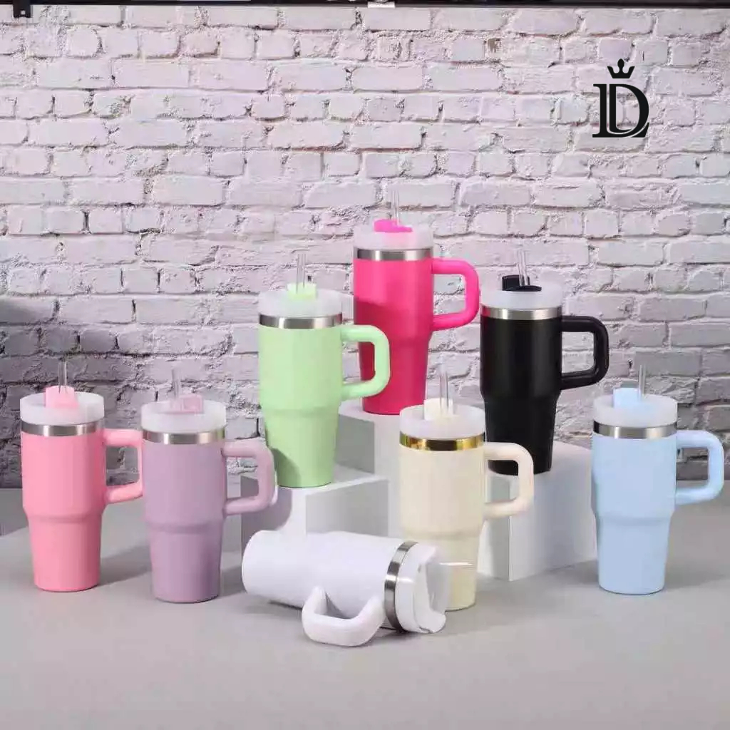 Copo Straw Compacto,alça e canudo de aço com 420 ml de tamanho Para Bebidas Geladas E Quentes