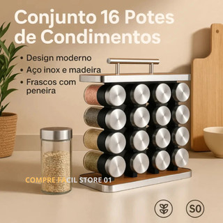 Porta Temperos de Aço Inox Madeira Vertical com Alça + 12 Potes de Vidro 80ml Qualidade Premium