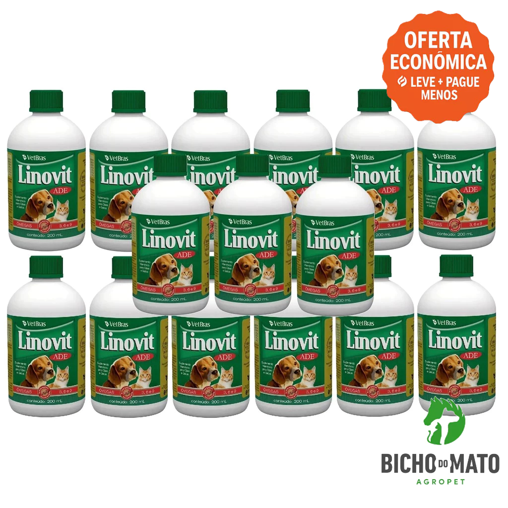 Kit 15 Linovit 200ml Suplemento Vitaminico ADE Fortalece a Imunidade Cães e Gatos - VetBras