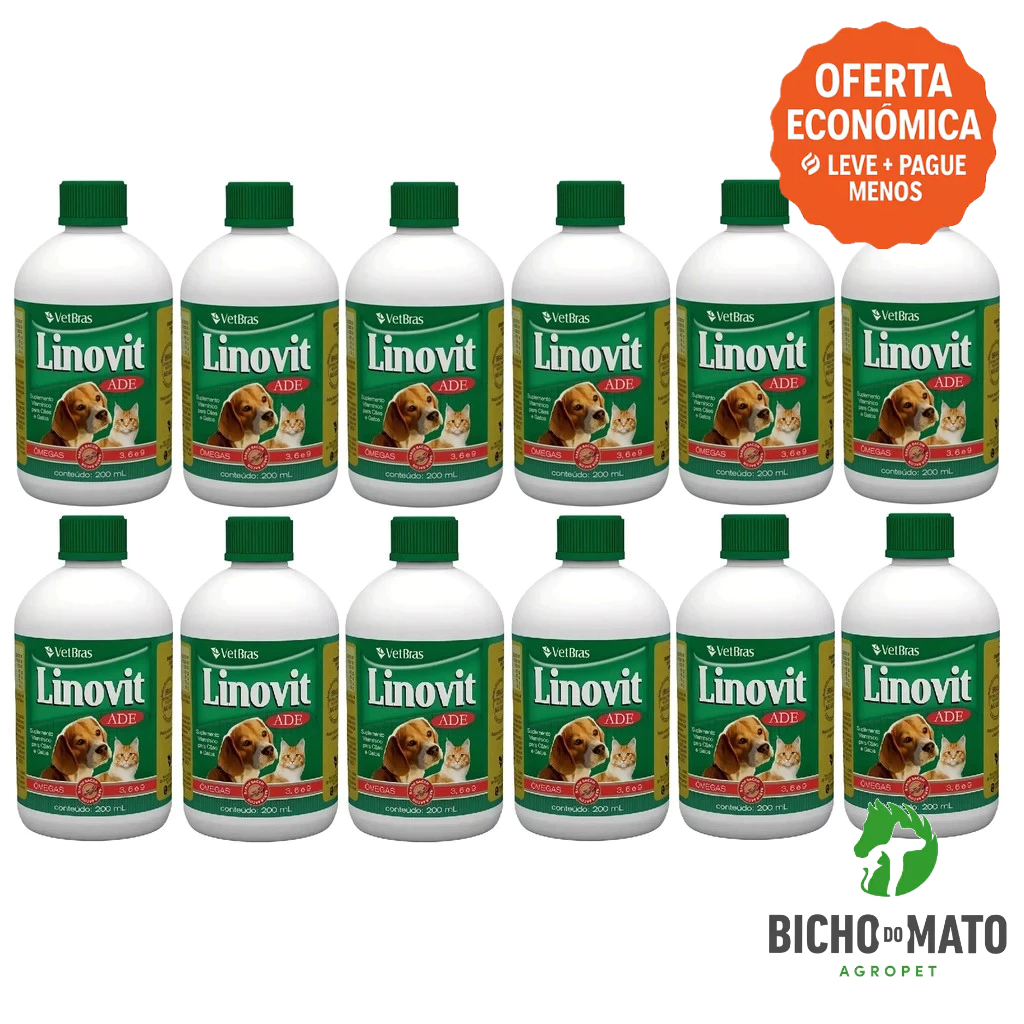 Kit 12 Linovit 200ml Suplemento Vitaminico ADE Fortalece a Imunidade Cães e Gatos - VetBras
