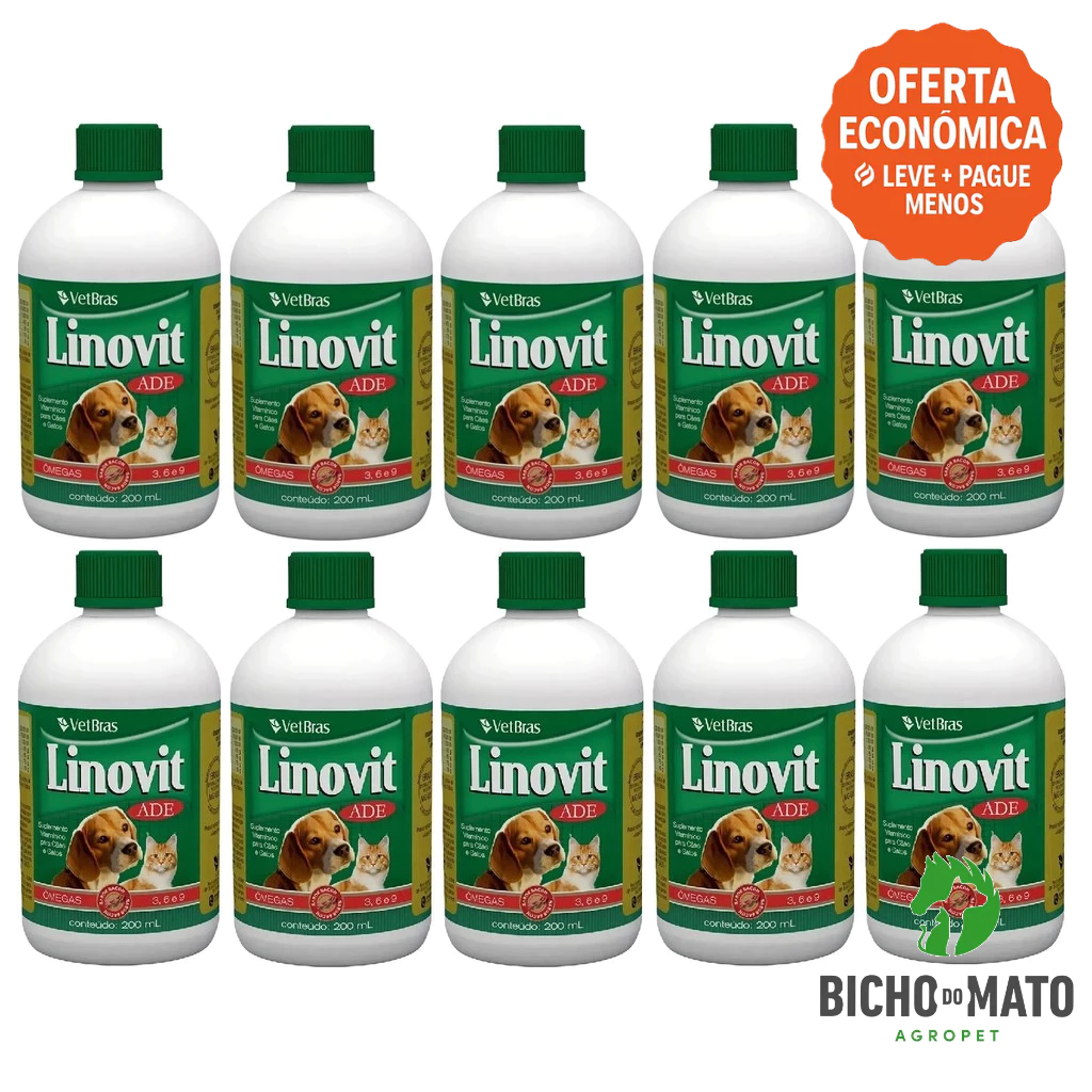 Kit 10 Linovit 200ml Suplemento Vitaminico ADE Fortalece a Imunidade Cães e Gatos - VetBras