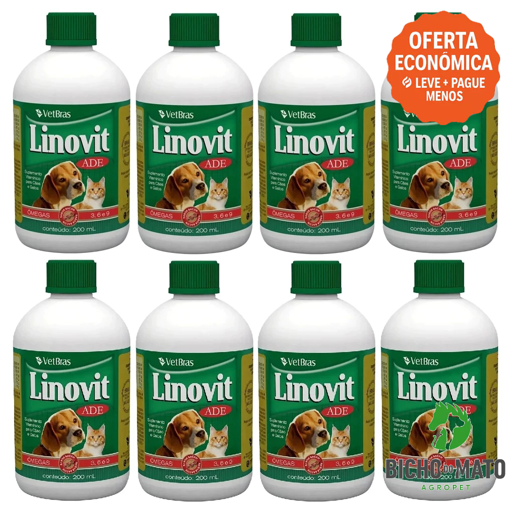 Kit 8 Linovit 200ml Suplemento Vitaminico ADE Fortalece a Imunidade Cães e Gatos - VetBras