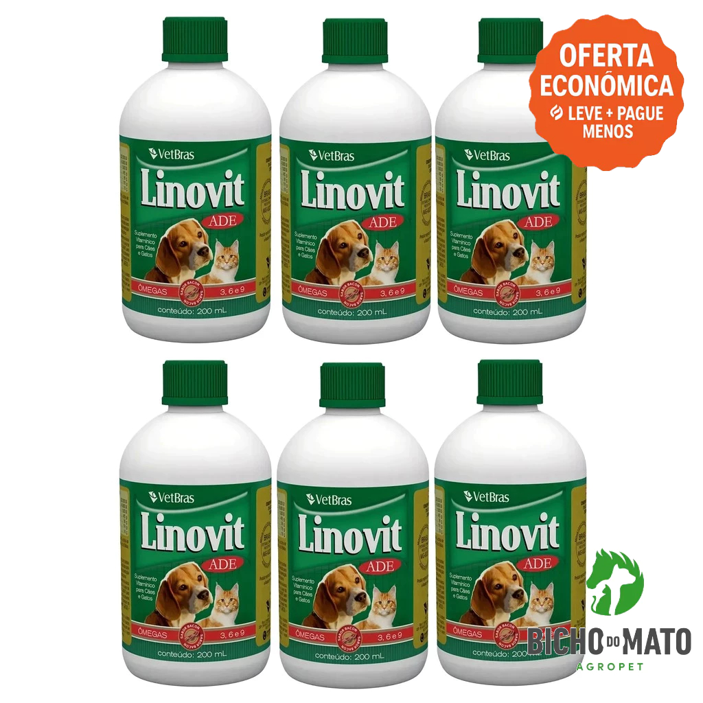 Kit 6 Linovit 200ml Suplemento Vitaminico ADE Fortalece a Imunidade Cães e Gatos - VetBras