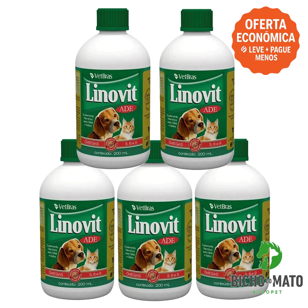 Kit 5 Linovit 200ml Suplemento Vitaminico ADE Fortalece a Imunidade Cães e Gatos - VetBras