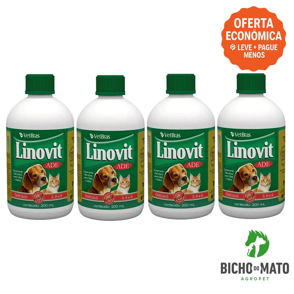 Kit 4 Linovit 200ml Suplemento Vitaminico ADE Fortalece a Imunidade Cães e Gatos - VetBras
