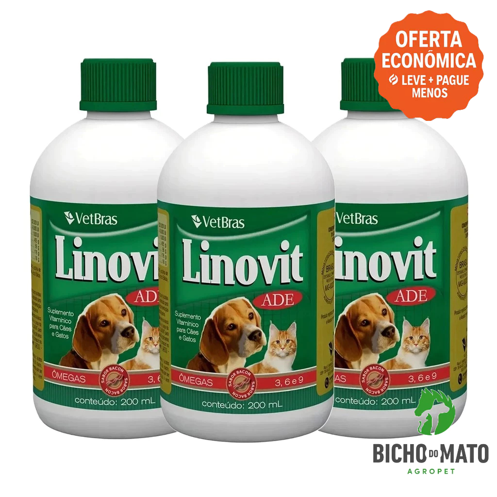 Kit 3 Linovit 200ml Suplemento Vitaminico ADE Fortalece a Imunidade Cães e Gatos - VetBras