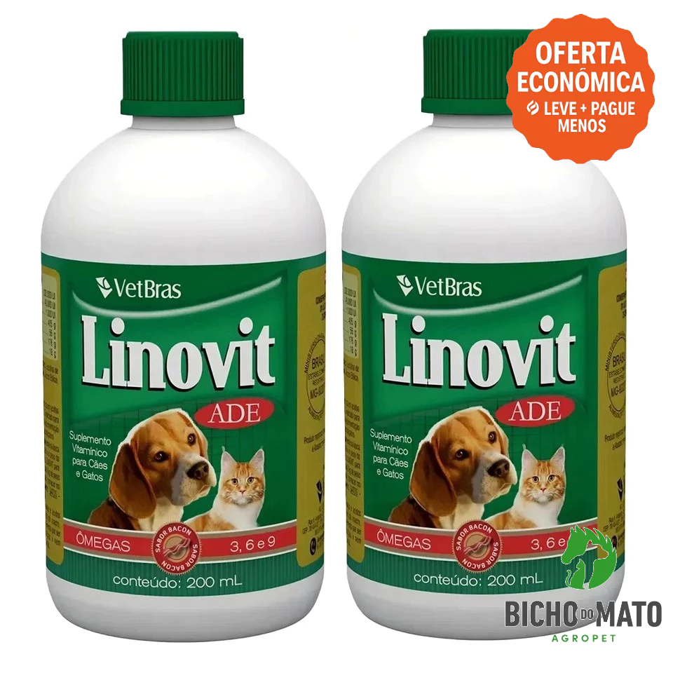 Kit 2 Linovit 200ml Suplemento Vitaminico ADE Fortalece a Imunidade Cães e Gatos - VetBras