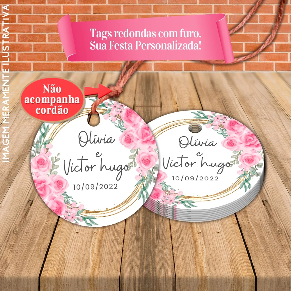 Tags Redondas de Casamento Rosa Peersonalizada