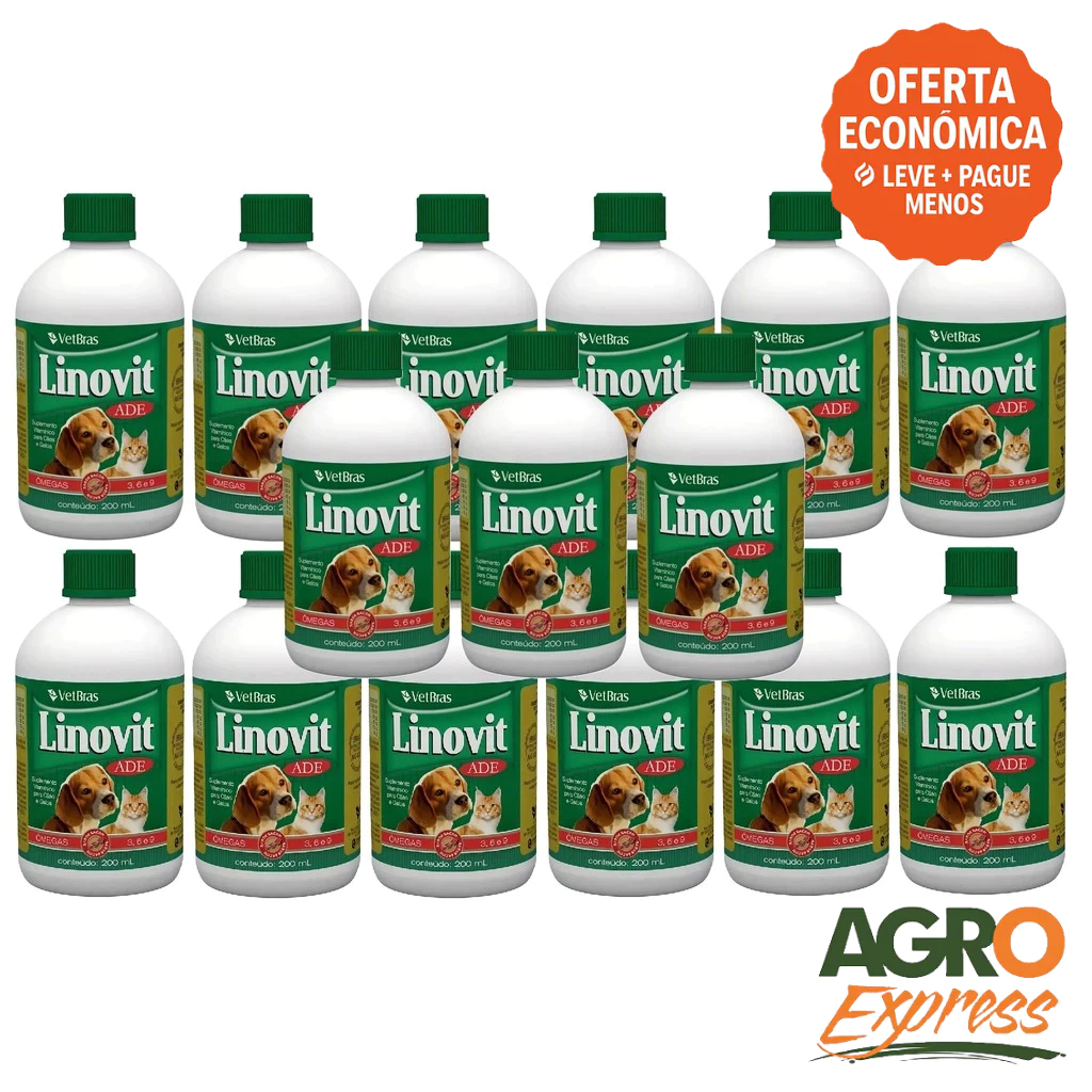 Kit 15 Linovit 200ml Suplemento Vitaminico ADE Fortalece a Imunidade Cães e Gatos - VetBras
