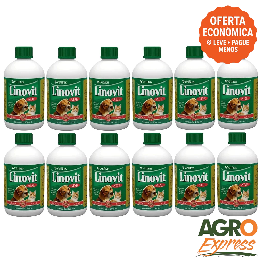 Kit 12 Linovit 200ml Suplemento Vitaminico ADE Fortalece a Imunidade Cães e Gatos - VetBras