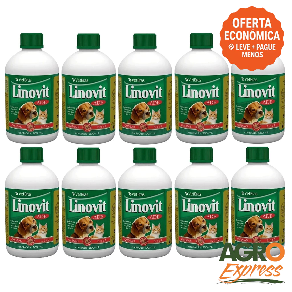 Kit 10 Linovit 200ml Suplemento Vitaminico ADE Fortalece a Imunidade Cães e Gatos - VetBras