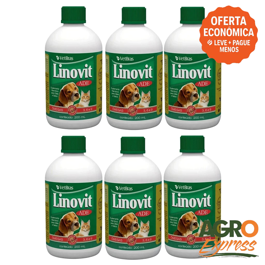 Kit 6 Linovit 200ml Suplemento Vitaminico ADE Fortalece a Imunidade Cães e Gatos - VetBras