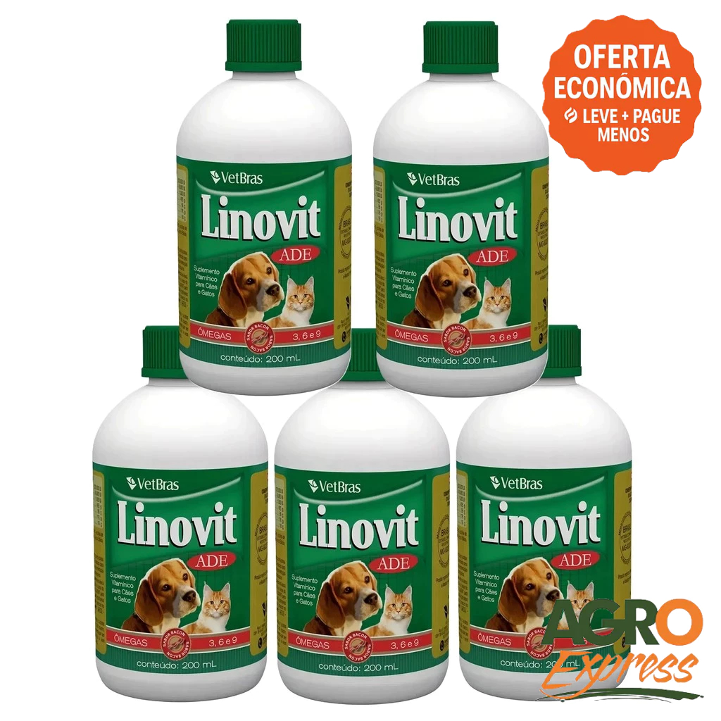 Kit 5 Linovit 200ml Suplemento Vitaminico ADE Fortalece a Imunidade Cães e Gatos - VetBras