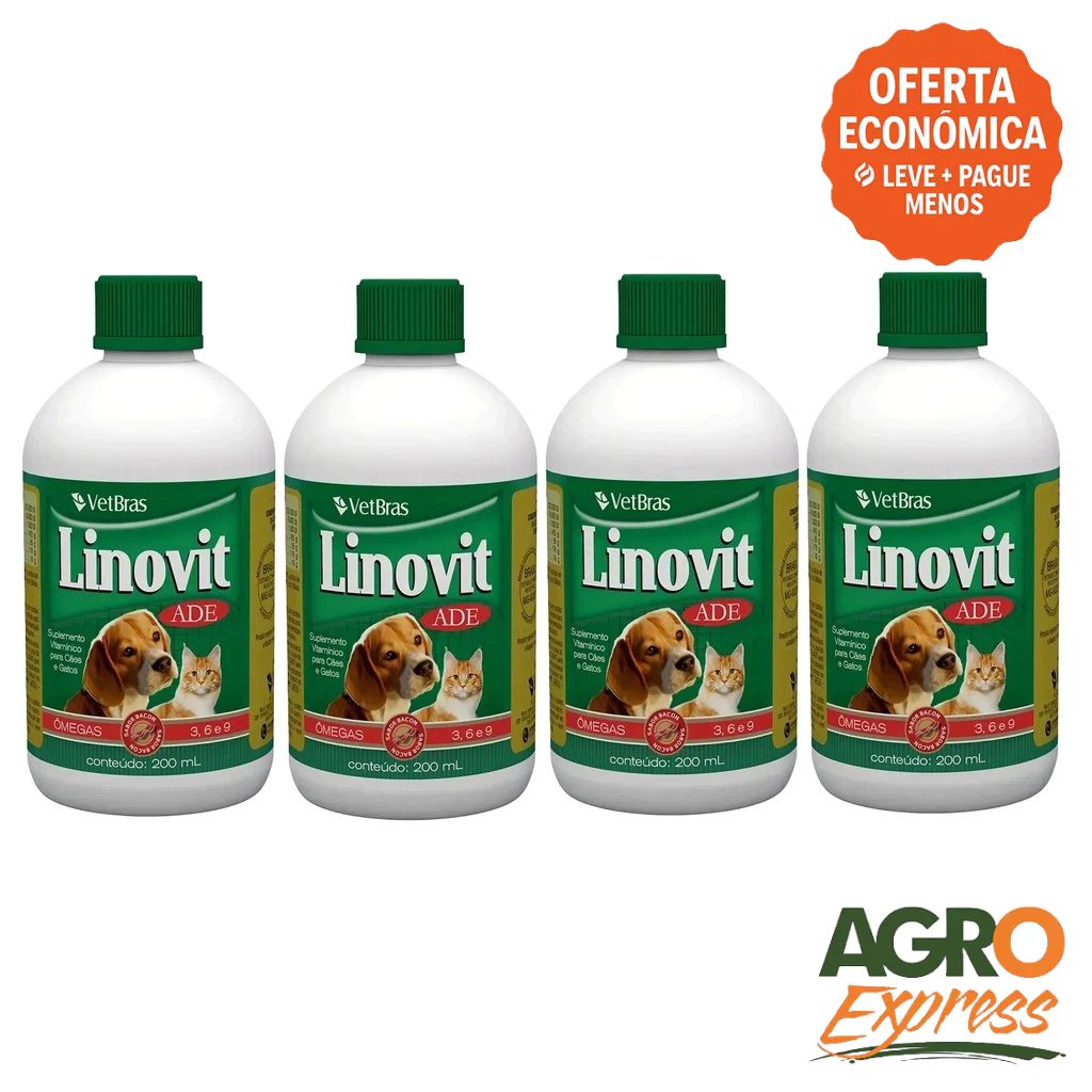 Kit 4 Linovit 200ml Suplemento Vitaminico ADE Fortalece a Imunidade Cães e Gatos - VetBras