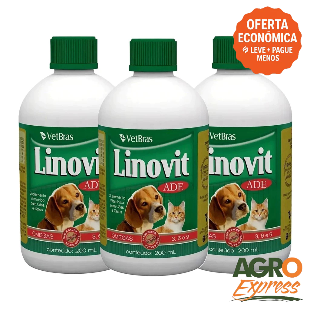 Kit 3 Linovit 200ml Suplemento Vitaminico ADE Fortalece a Imunidade Cães e Gatos - VetBras