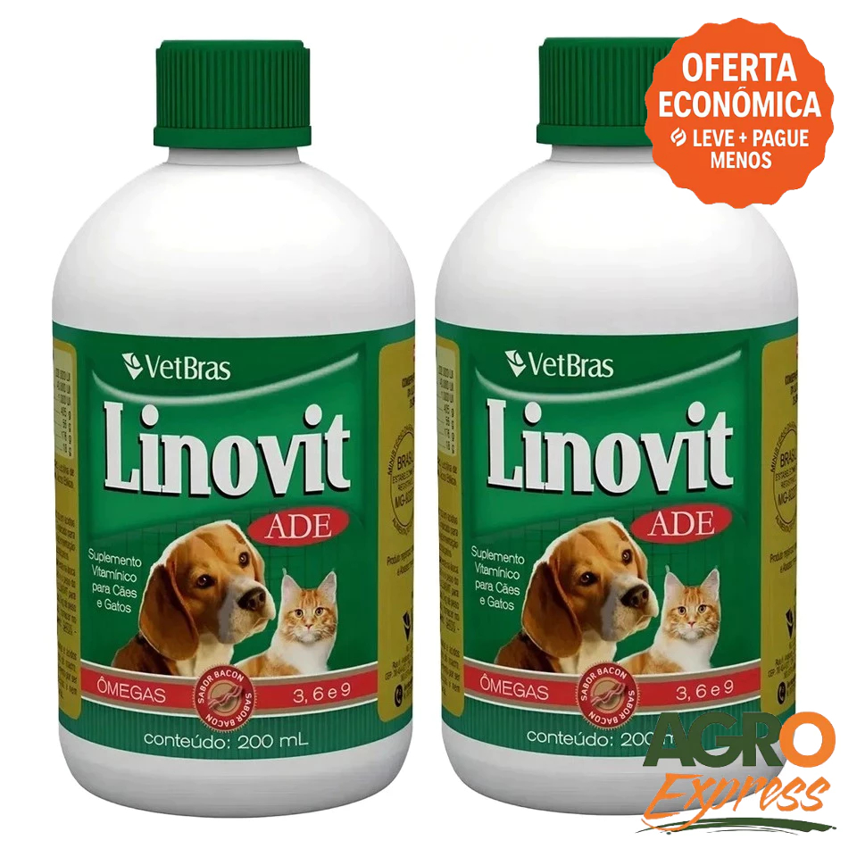 Kit 2 Linovit 200ml Suplemento Vitaminico ADE Fortalece a Imunidade Cães e Gatos - VetBras