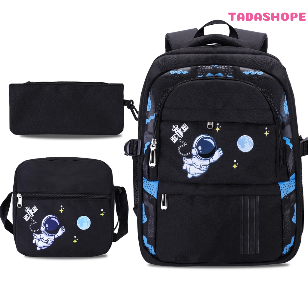 Kit Mochila Escolar 3 em 1 Preta com Tema de Astronauta Mochila Bolsa Transversal Estojo TADASHOPE em Oferta na Shopee