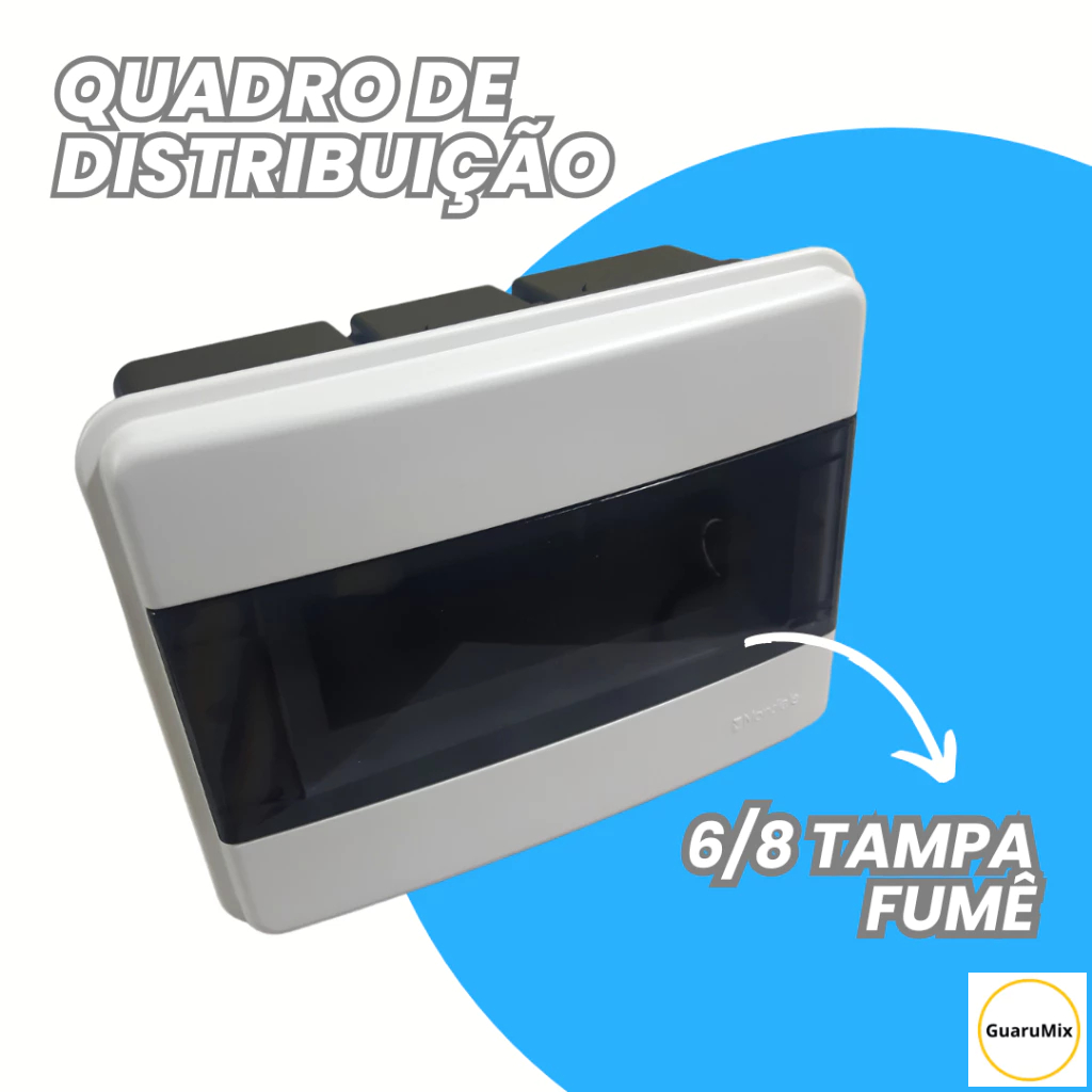 Quadro de Distribuição 8 DIN Quadro caixa p/ 8 Disjuntores tampa fumê Embutir c/ Suporte barramento