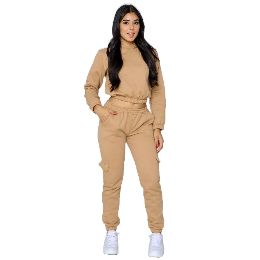 Conjunto Feminino Moletom Cargo Juvenil Blusa com Touca Calça com Bolso estilo Cargo