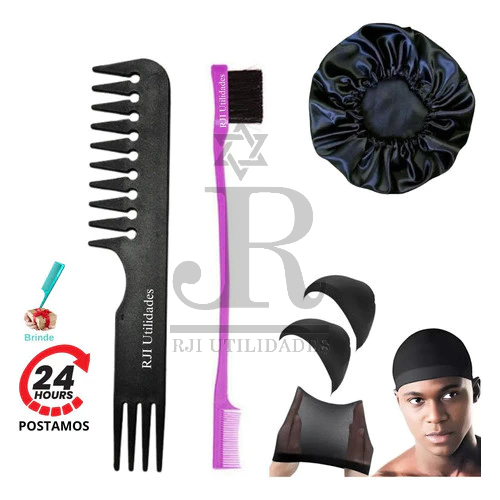 Kit 1Touca Cetim Anti Friz + 2 Toucas Nero Lace Peruca + 1 Baby Hair 2 em 1 + 1 Pente Dentes Largos