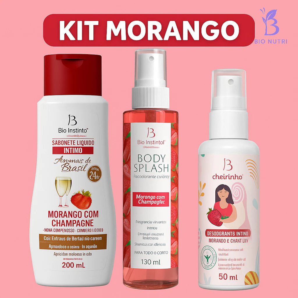 🍓✨ Kit Morango Bio Instinto – 1Sabonete Íntimo + 1Body Splash + 1Desodorante Íntimo ✨🍓