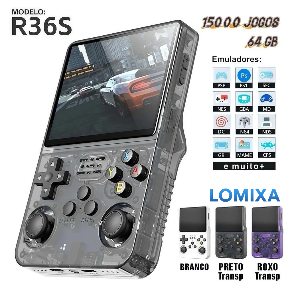 Nova Versão Console Portátil Retro R36S – 3 Cores, 15.000 Jogos, 64GB Arkos, Tela IPS 3.5 em Oferta na Shopee