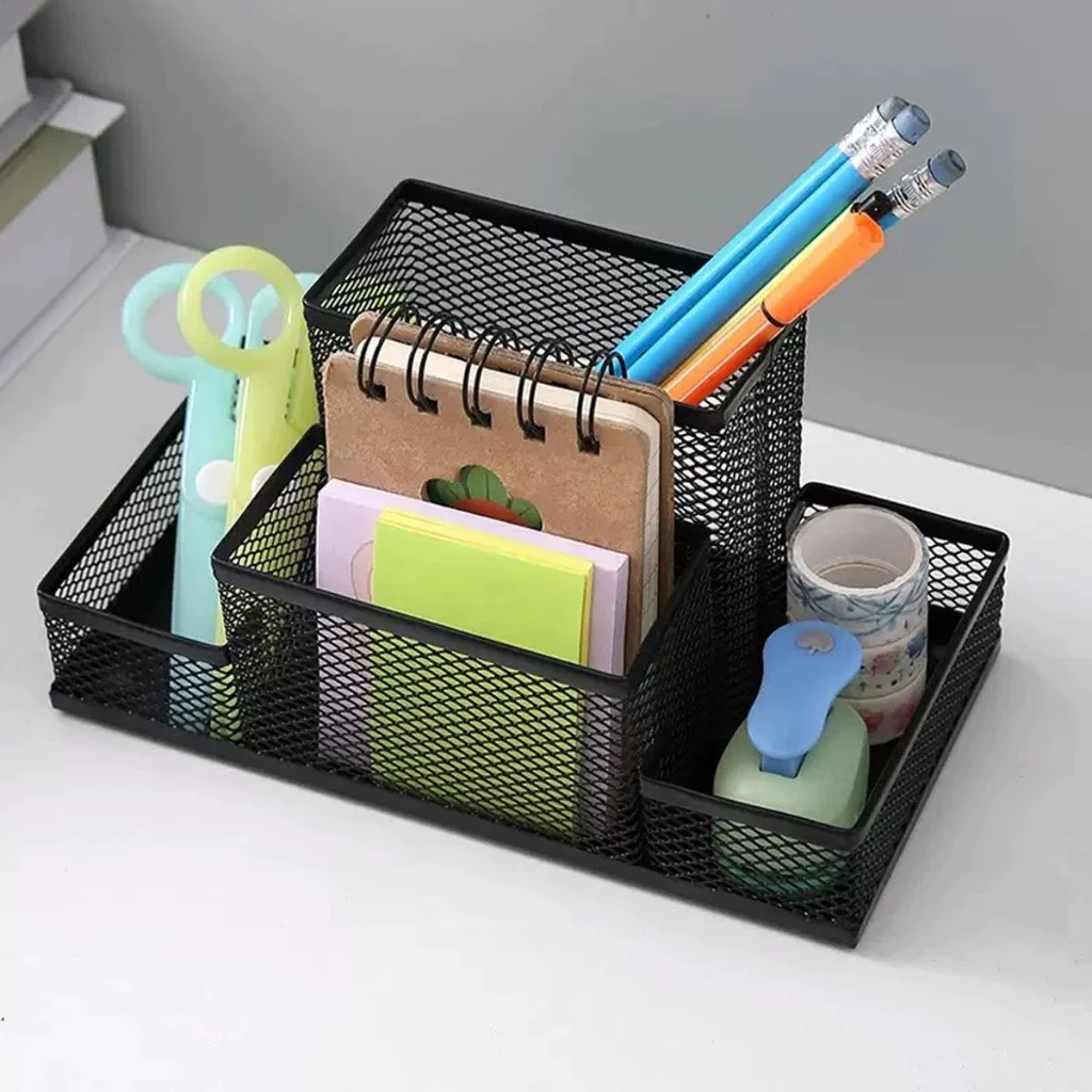 Porta Caneta Organizador De Metal Para Mesa Escritório Aramado Com Divisórias Multiuso