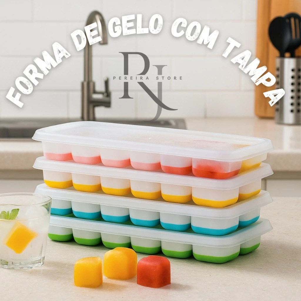 Kit 4 Formas de Gelo Silicone Com Tampa Rígida e Flexível Cubo de Gelo