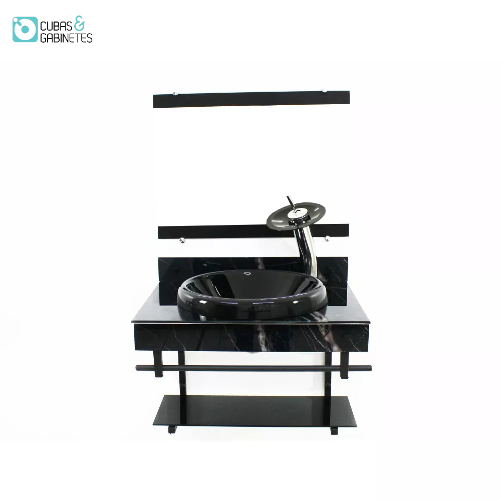 GABINETE COM CUBA PARA BANHEIRO DE VIDRO APXX 60CM COM CUBA CHAPEU - MÁRMORE PRETO