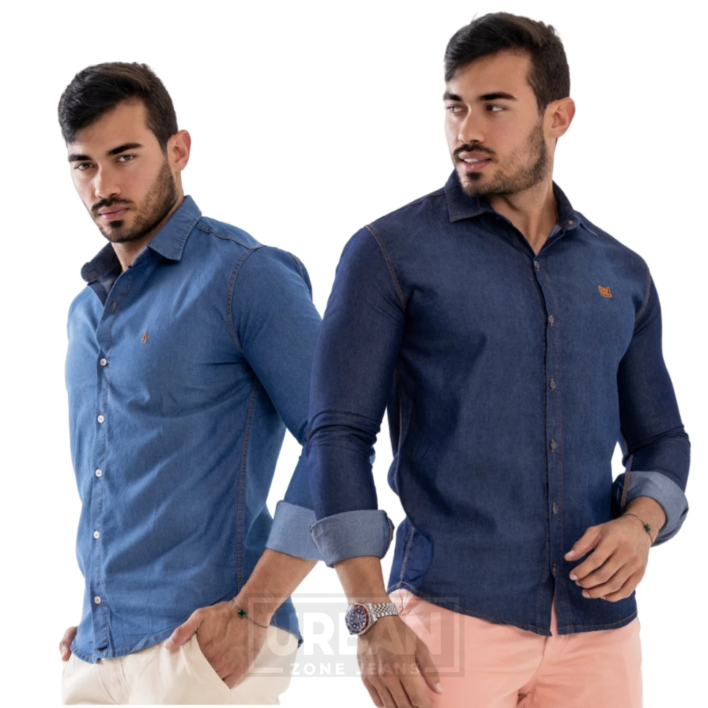 Kit 2 Camisas Jeans Manga Longa Masculina Social Slim Fit Social em Oferta na Shopee