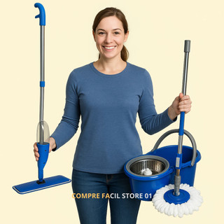 Kit Mop Giratório 360º com Balde Duplo 8 Litros  - Sortido + Mop Spray Com Reservatório