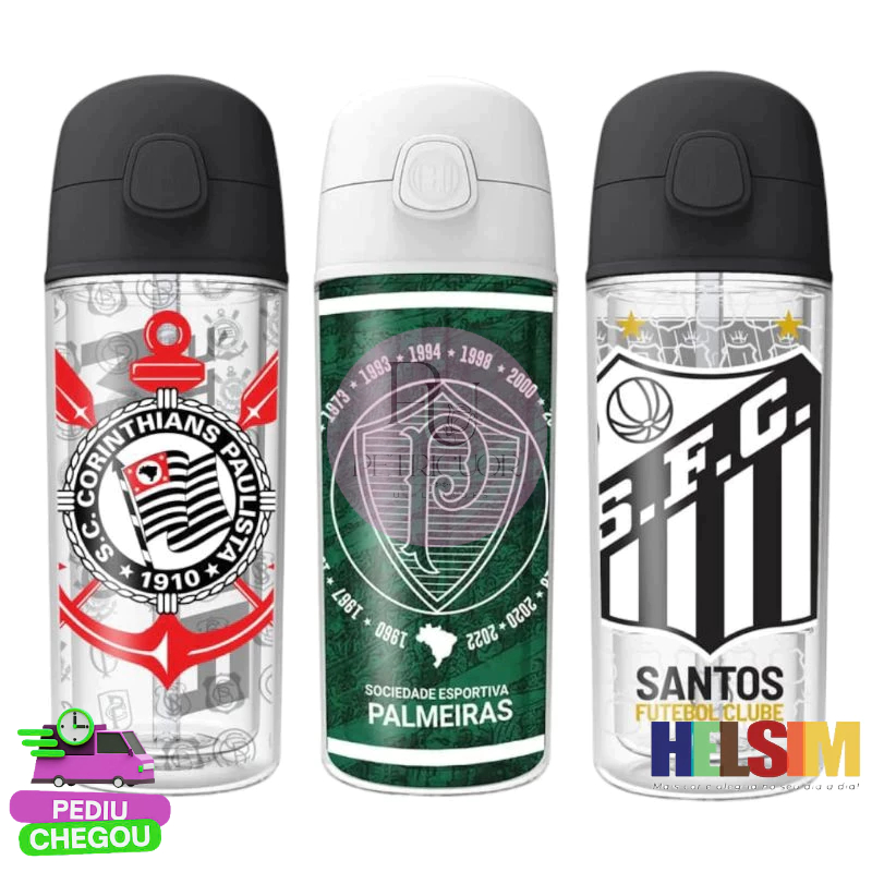Garrafa Squeeze POP Helsim Infantil Corinthians e Palmeiras Santos 270ml - Licenciada - Parede Dupla e Bico de Silicone