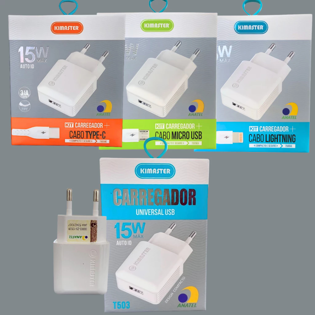 Kit Carregador Kimaster 15W com Cabo Type-C, Micro USB ou Lightning - Original Anatel T503