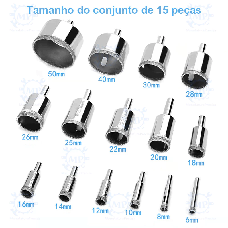 Kit 15 Brocas Diamantadas Serra Copo 6 a 50mm para furar Vidro — foto 6