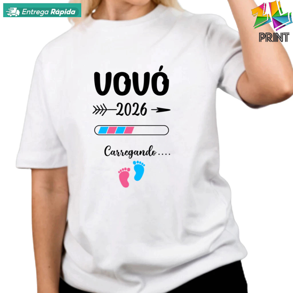 Camiseta Adulto VOVÓ CARREGANDO 2026 - Pezinhos ROSA E AZUL - Chá Revelação ZLprint em Oferta na Shopee