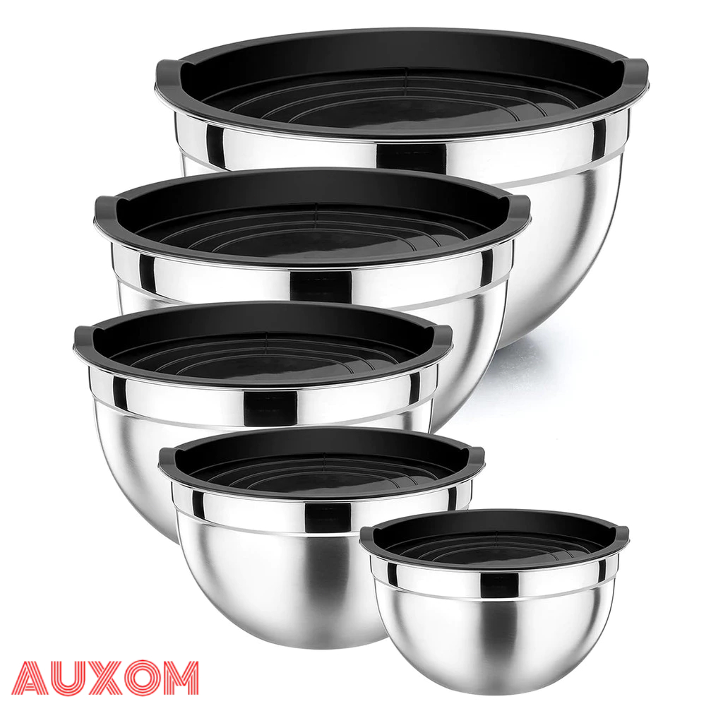 Kit 5 Tigela Para Salada De Aço Inoxidável Com Tampa Plástica De Vedação