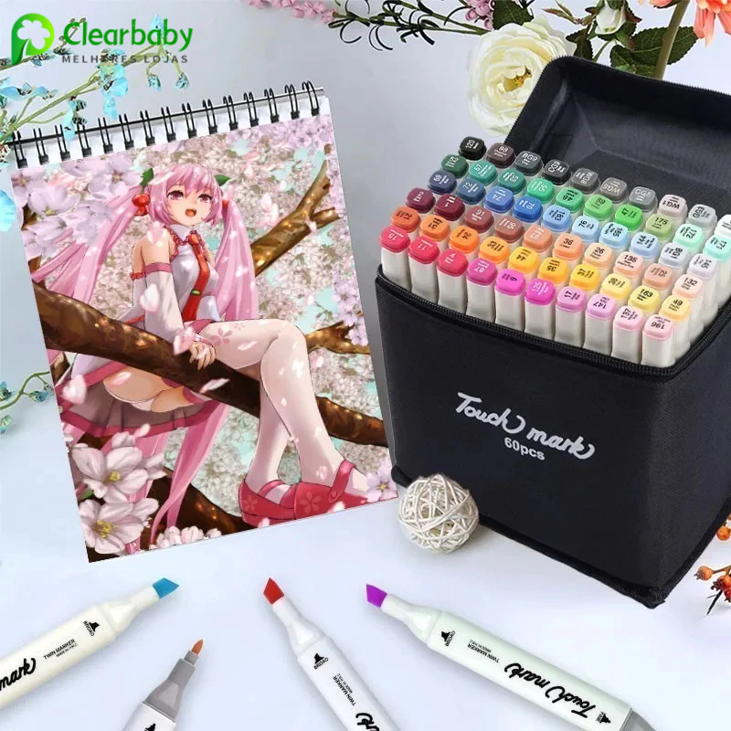 24/36/48/60/80 Cores Marcadores De Ponta Dupla A Óleo, Material Escolar Para Estudantes Com Estojo Organizador Com Zíper