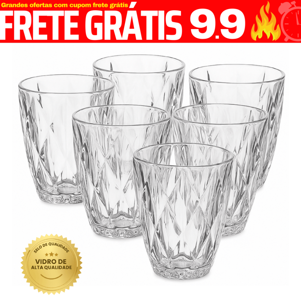 Jogo 6 Copos Baixos Diamond 300ml Vidro Grosso Diamante Luxo