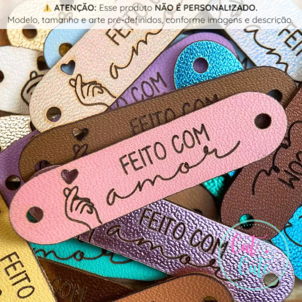 AM02: Etiquetas Sintéticas "Feito Com Amor" – Tags em couro ecológico, sintético PU com FRASE PRONTA