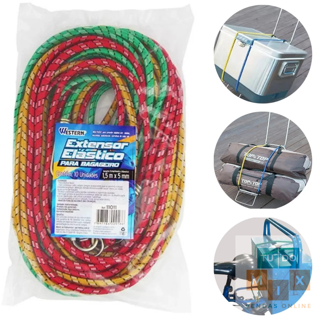 Pacote 1, 5 ou 10 Unidade Corda Elástica com Gancho de Ferro de 1,50m Prender Objetos Moto Bicicleta Carrinho Bagageiros