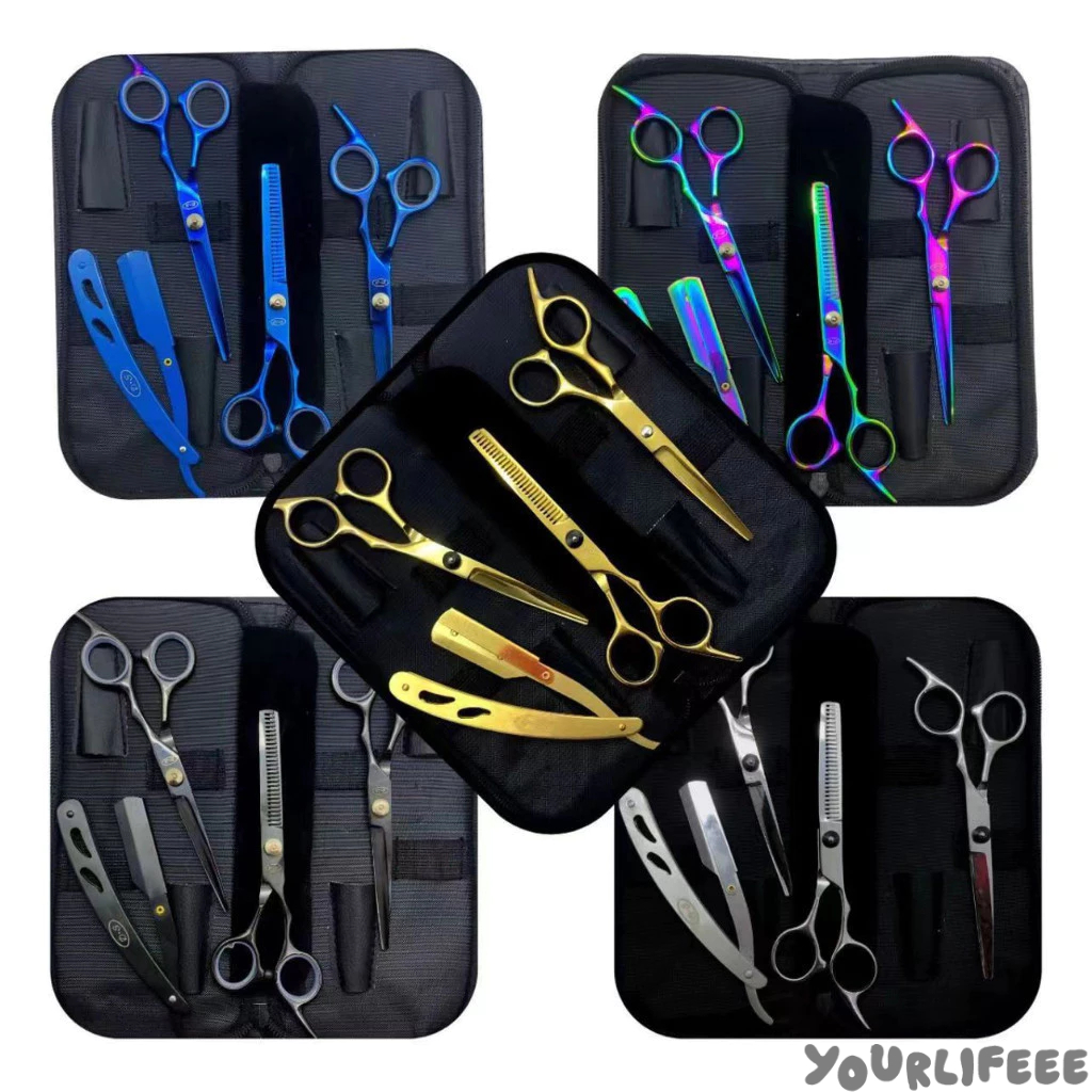 Kit de 3 Tesouras Profissionais | Fio, Navalha e Desfiadeira | Coloridas em Oferta na Shopee