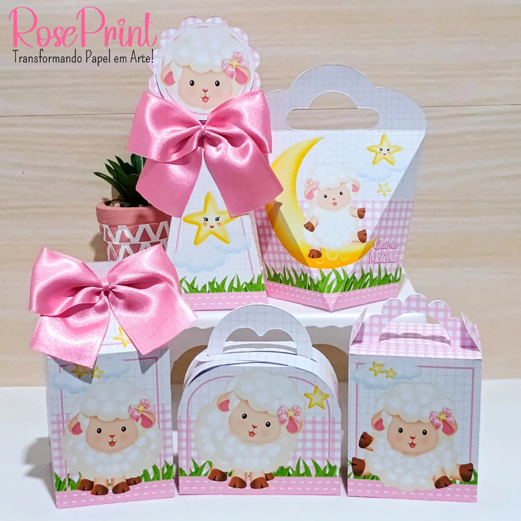 KIT FESTA PEGUE/MONTE Personalizado OVELHINHA ROSA. Chá de bebê, caixinha, lembrancinha, decoração de festa infantil.