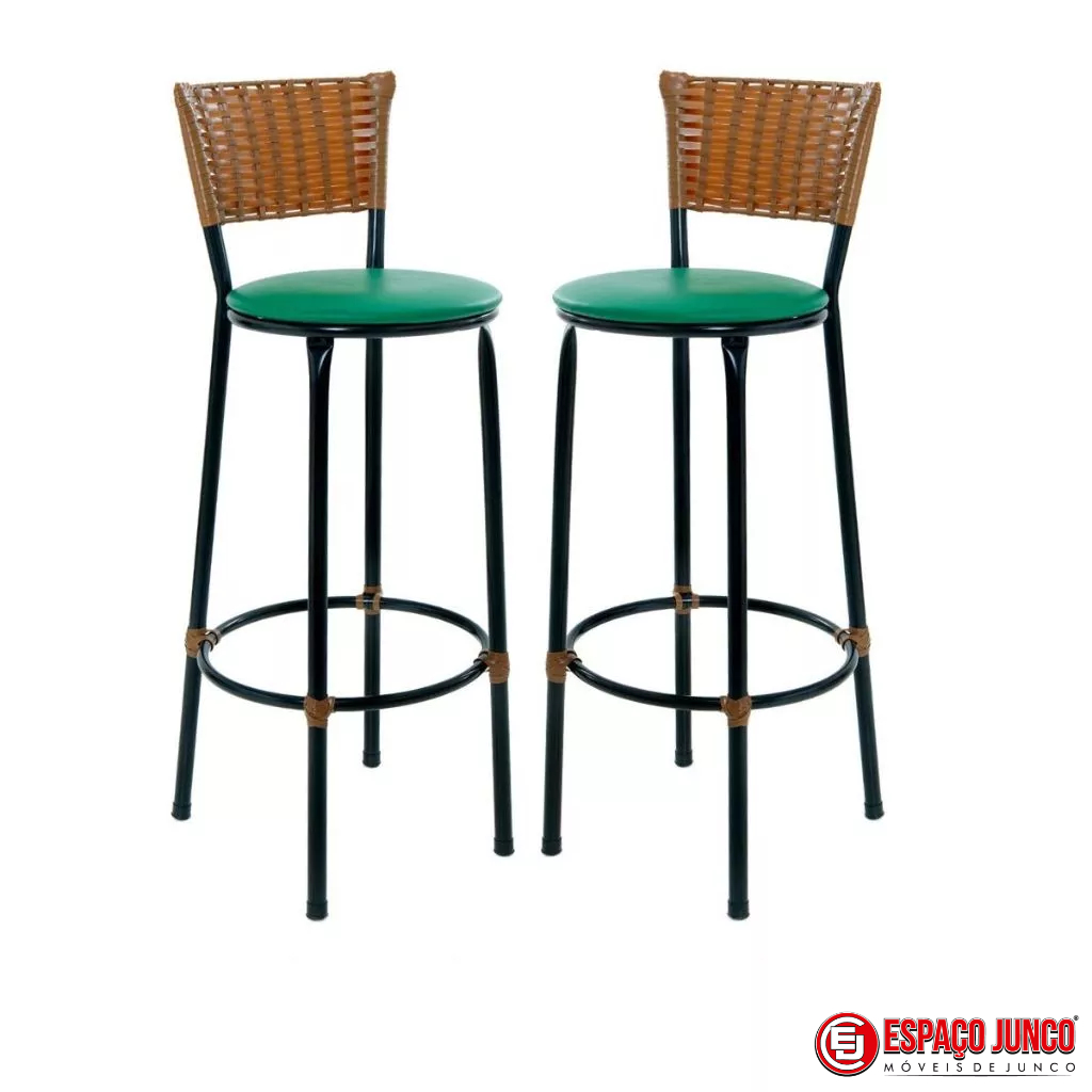 KIT COM 2 BANQUETAS BANCO ALTO DE COZINHA JUNCO IMBUIA ASSENTO NAPA