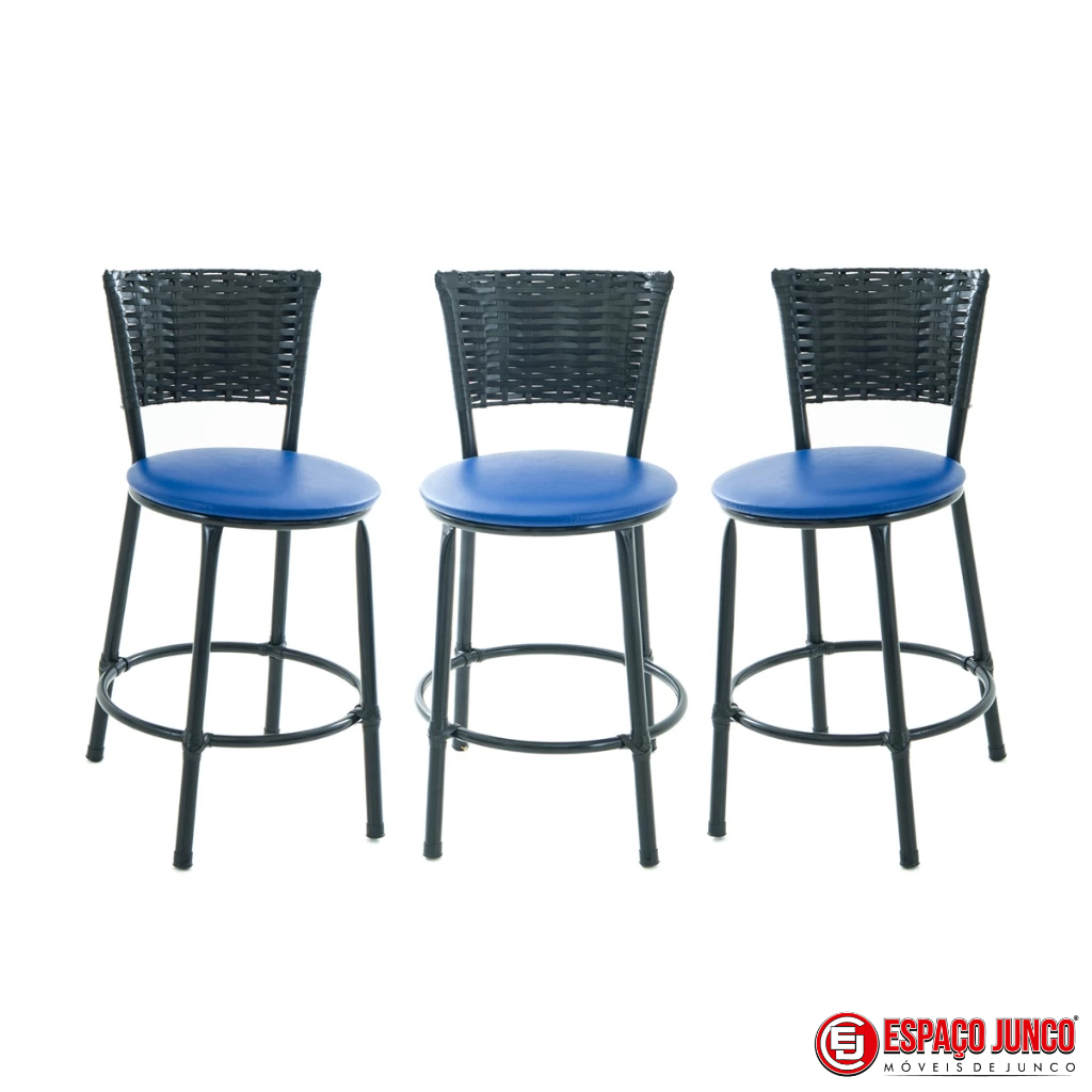 KIT DE 3 BANQUETAS BAIXA DE COZINHA AREA GOURMET CASA MOVEIS COZINHA JUNCO PRETO